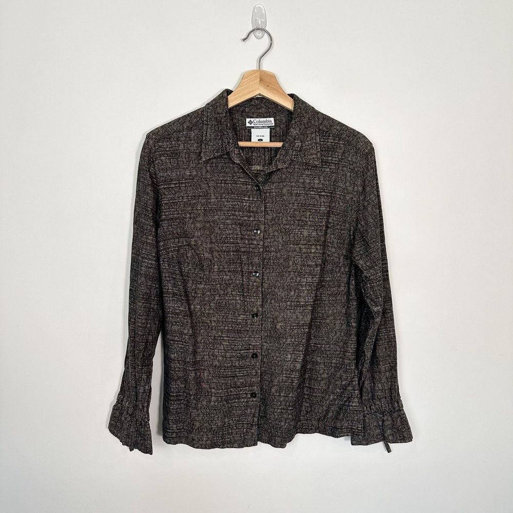 Columbia Women's Brown Button Down Cotton Shirt Bow Sleeves Sz Large